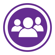 Icon of three people on a purple circle background.